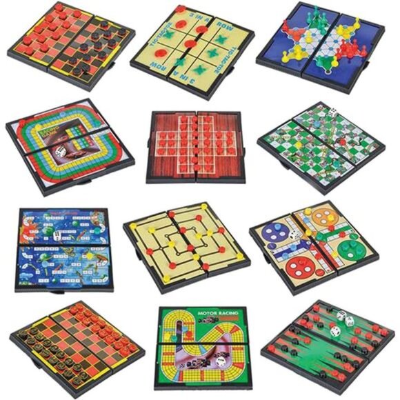 Small Magnetic Board Travel Game Set - Includes 12 Retro Fun Games - 5 Inch